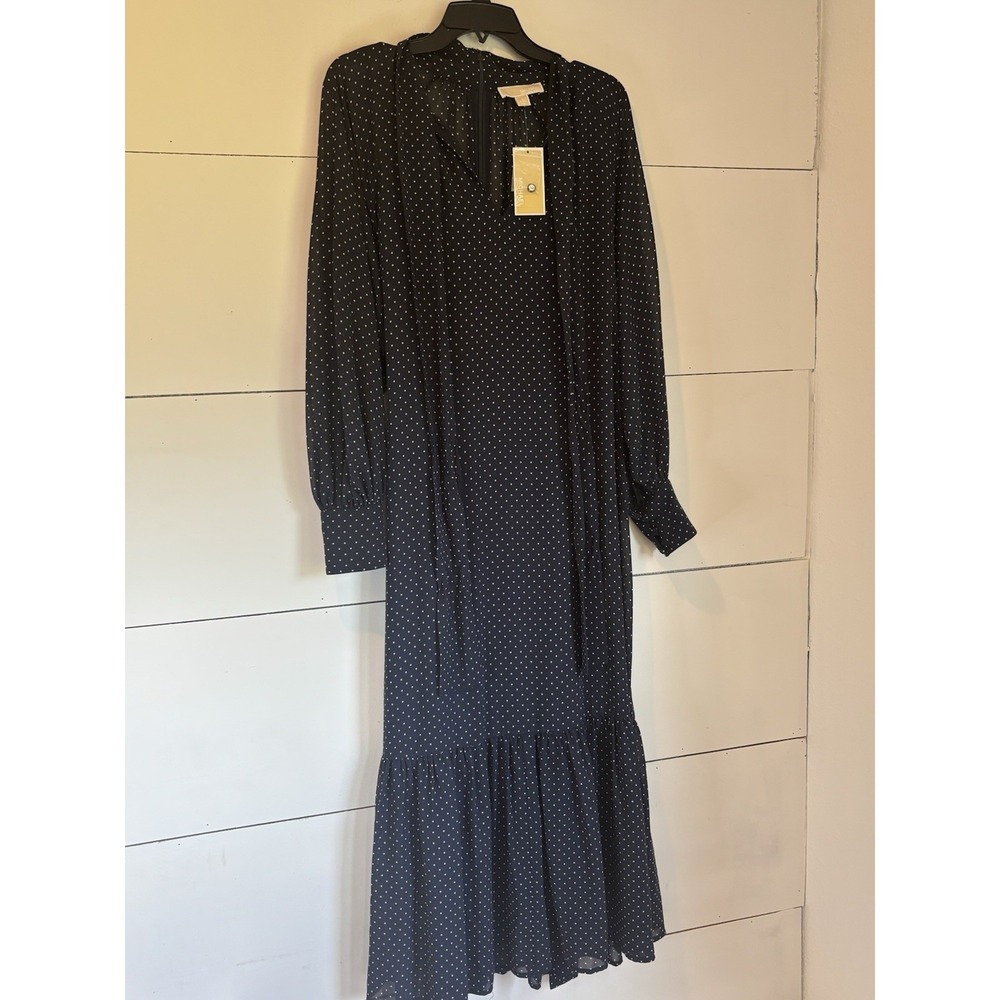 Michael Kors Polka Dot Georgette Tiered Midi Dress In Midnight Blue MSRP $225.00